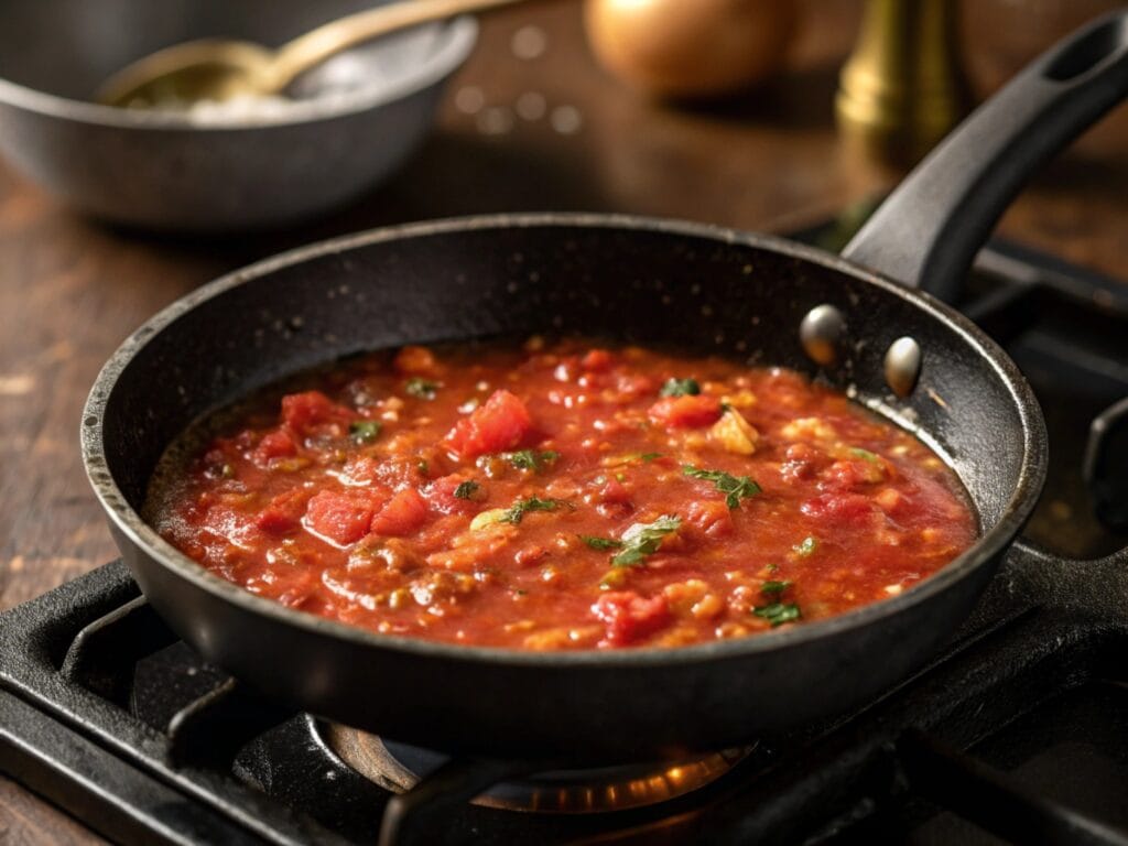 Simmering tomato sauce with spices