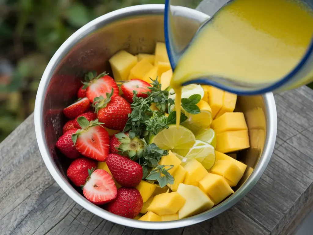 Mixing fruit salsa ingredients in a bowl