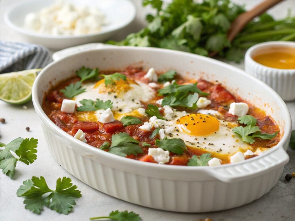 Garnishing shakshuka for one with herbs
