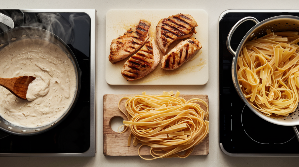 Grilled chicken resting on a cutting board beside Alfredo sauce being stirred in a skillet.