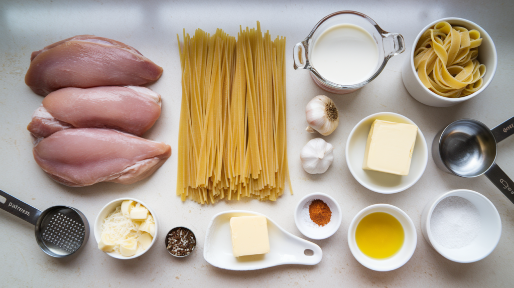 Ingredients for grilled chicken Alfredo, including chicken breasts, pasta, and Parmesan cheese.