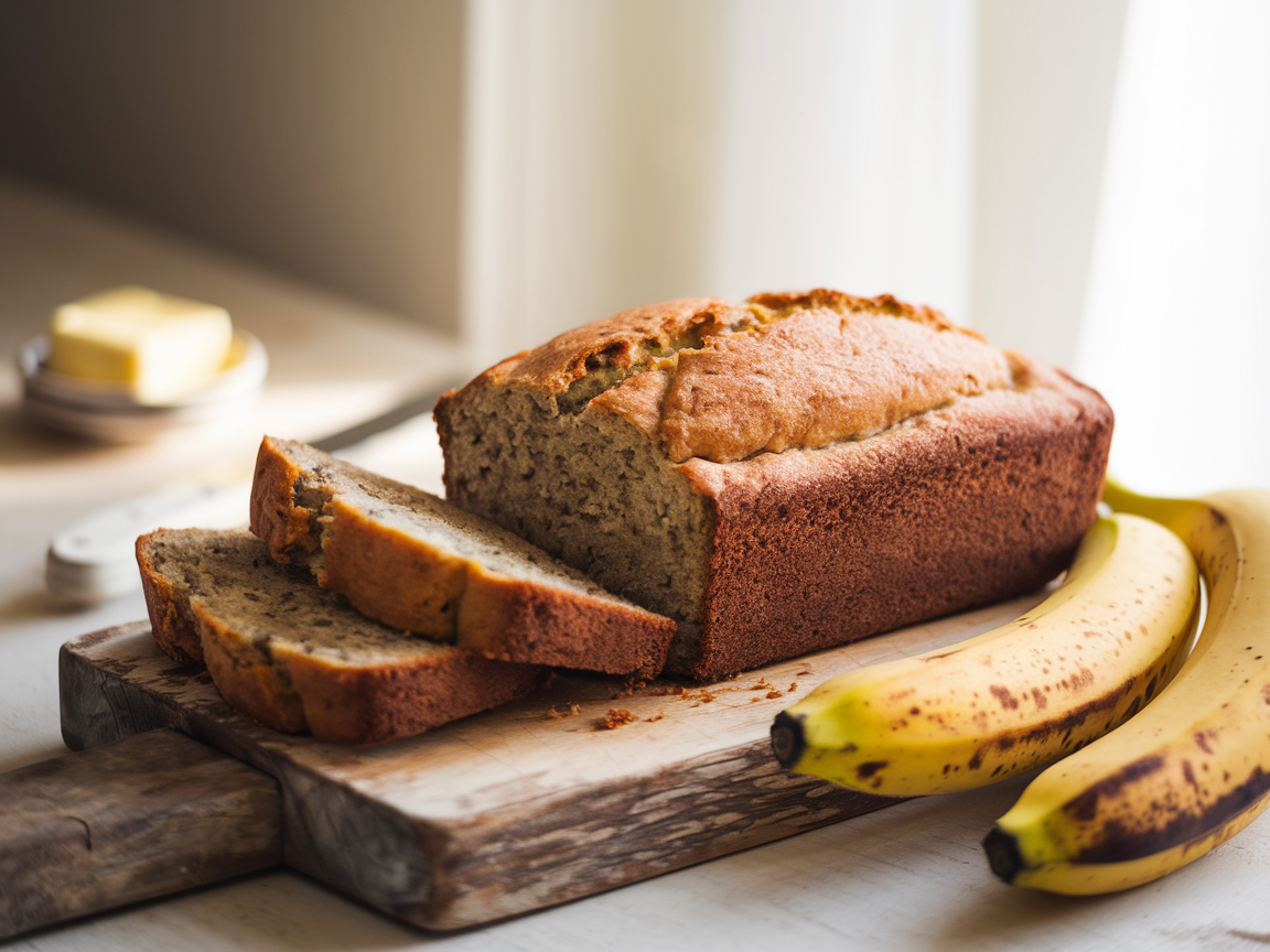 A golden loaf of banana bread on a wooden cutting board, sliced to show its moist texture, with two ripe bananas beside it.