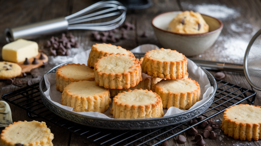 Freshly baked fluffy cookies with golden edges and thick centers, styled with baking tools like a whisk and a cooling rack.