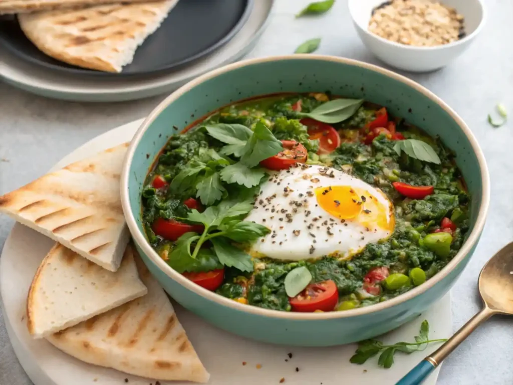 Garnished Green Shakshuka presentation