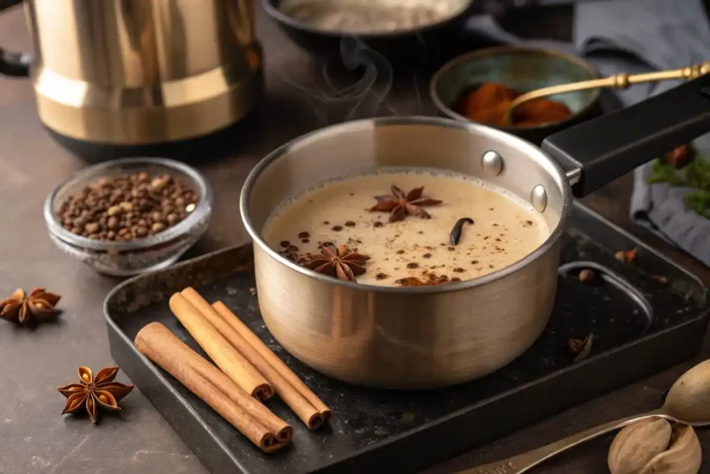 Simmering milk and tea with spices