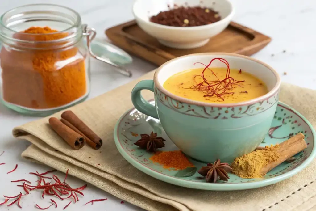 Saffron-infused tea in a decorative cup