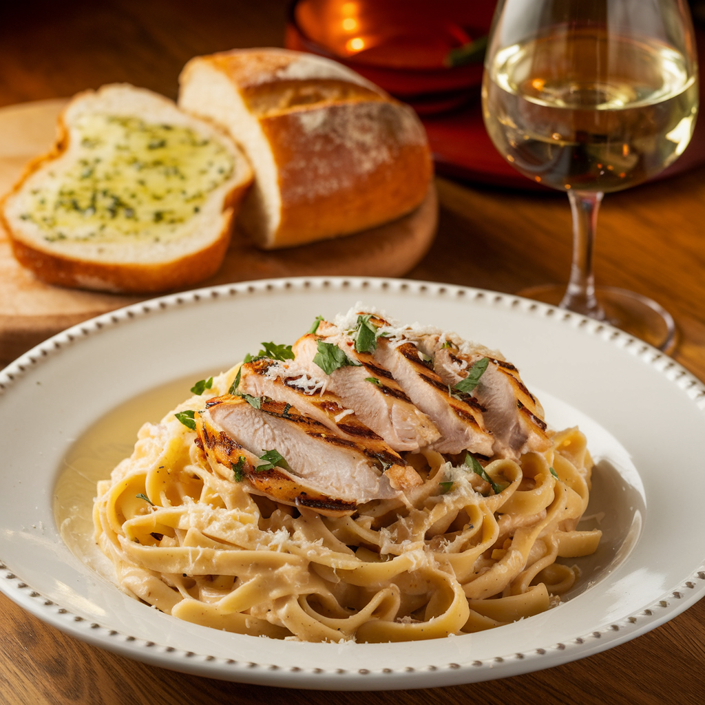 A plated serving of grilled chicken Alfredo pasta with garlic bread and white wine.