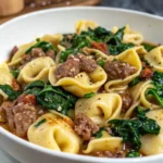 A close-up of a bowl of garlic butter beef and spinach tortellini, featuring tender beef, fresh spinach, and cheese-filled tortellini in a rich garlic butter sauce.